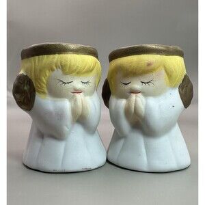 Vintage Bisque Porcelain Angel Candle Holders Praying Midcentury Christmas Pair
